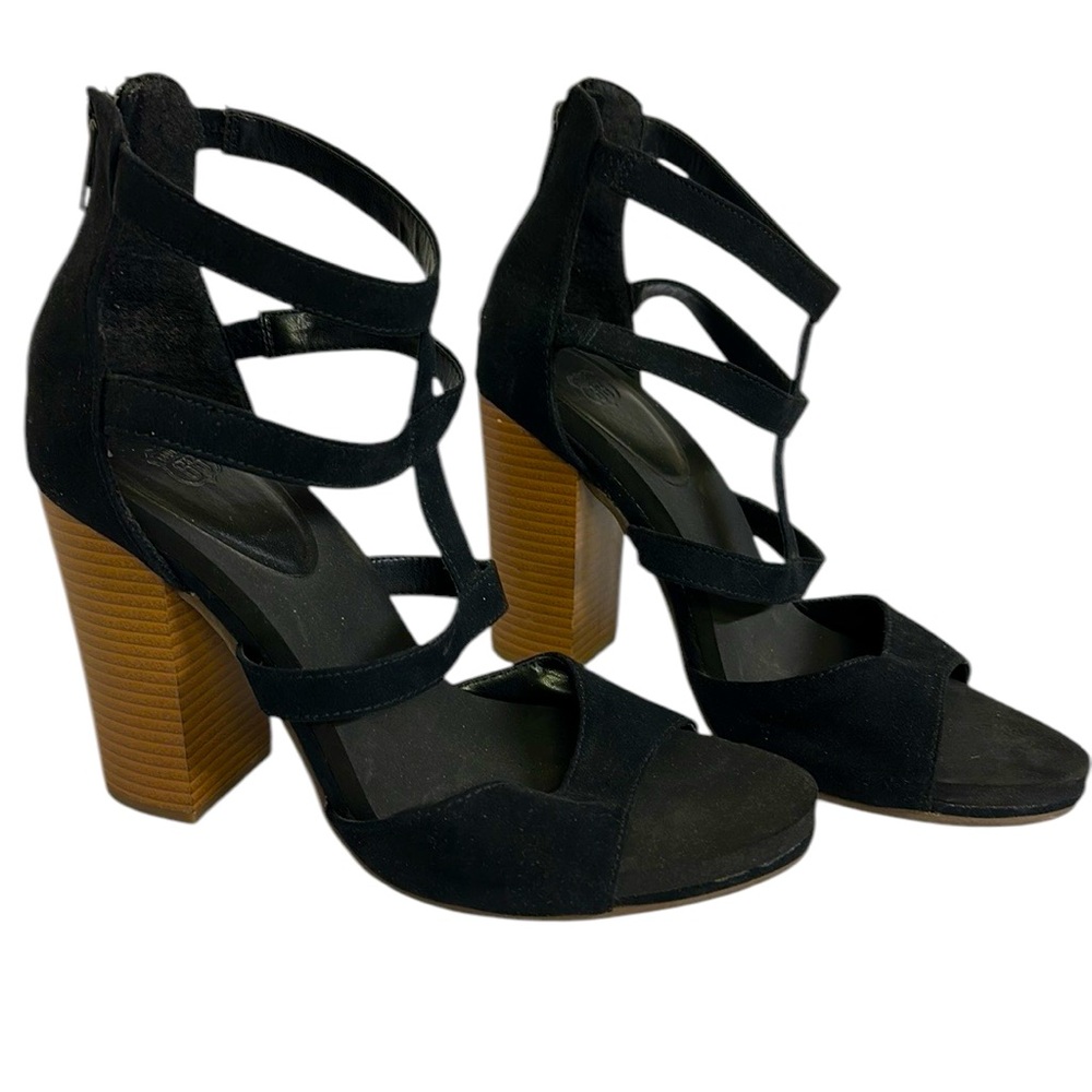 Route 66 Black Suede Caged Sandal Block Zip Heels Womens Size 10
